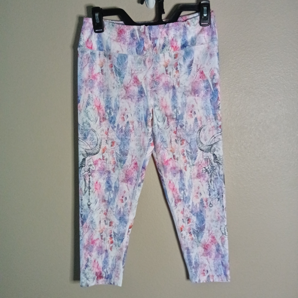 🦋 Evolution And Creation EVCR Crop Leggings Floral Skull & Feathers Pattern L